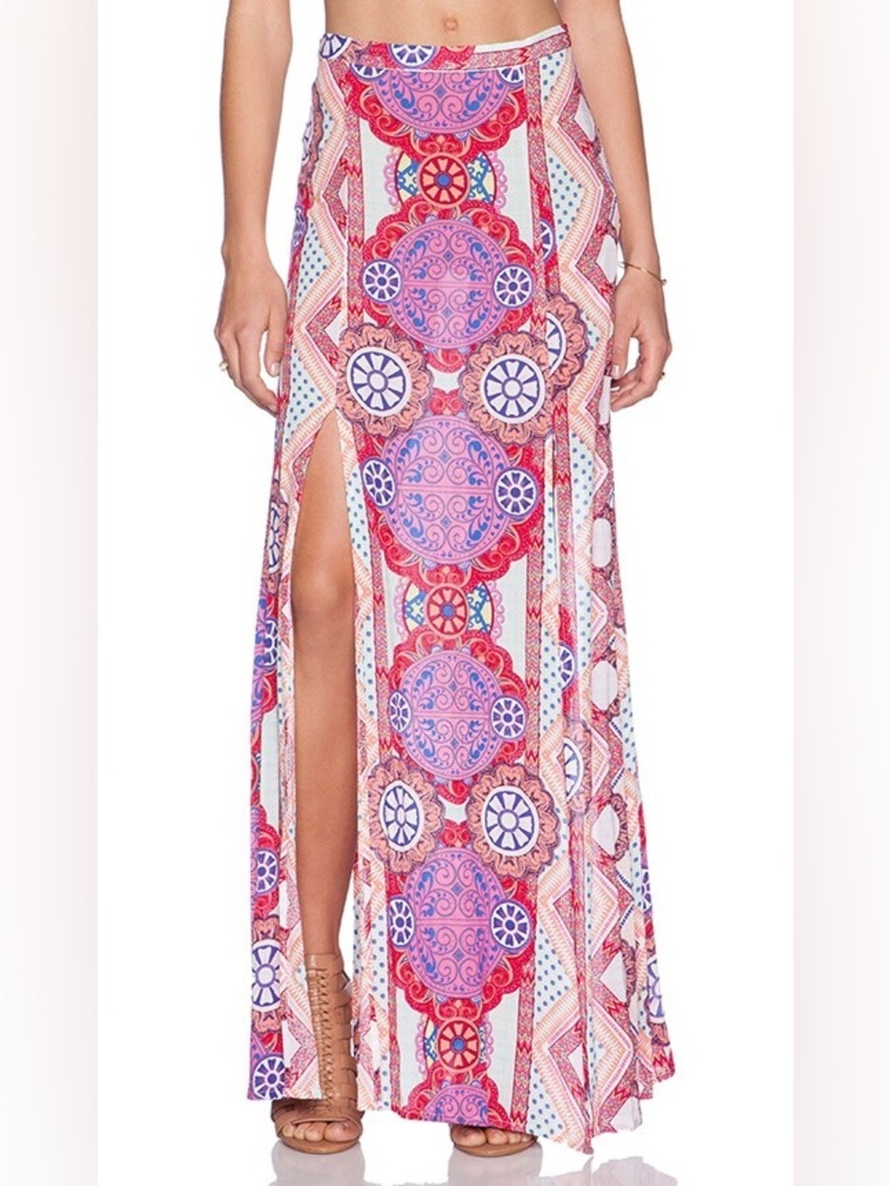 MINKPINK Pink Multi Geometric Print Maxi Skirt with 4 Side Slit